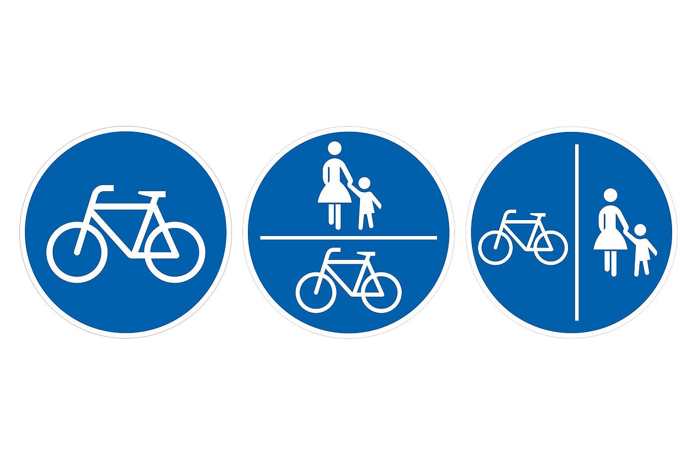 Von links: Zeichen 237 – Radweg  | Zeichen 240 – Gemeinsamer Geh- und Radweg | Zeichen 241 – Getrennter Rad- und Gehweg